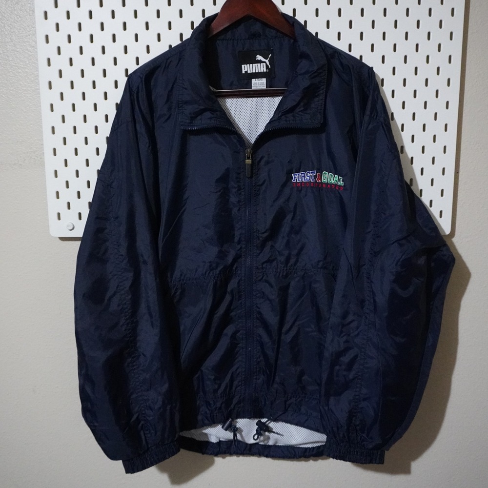 Puma‎ Windbreaker Jacket Mens Large First Goal Incorporated Navy Blue Vtg Style
